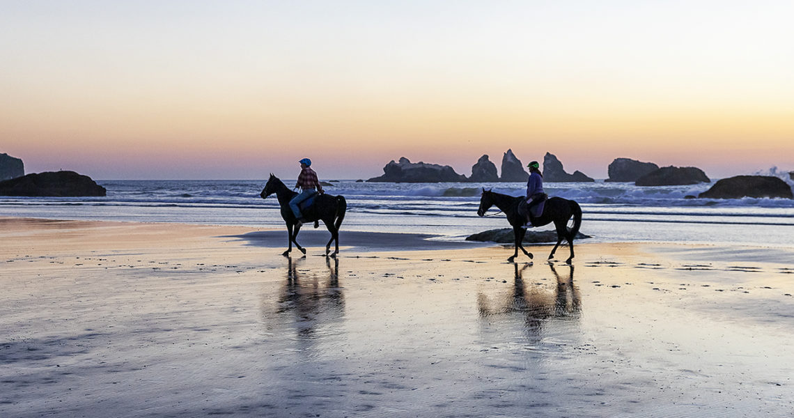 Horse Riders During Sunset at Bandon Beach